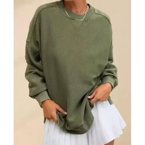 Aerie Womens Oversized Waffle Knit Sweatshirt Olive Green Raw Edge Pullover S